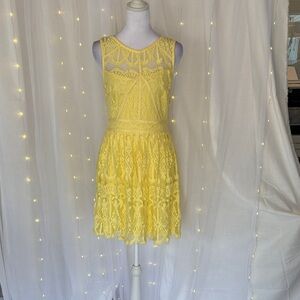 Sleeveless Yellow Lace Fit & Flare Dress